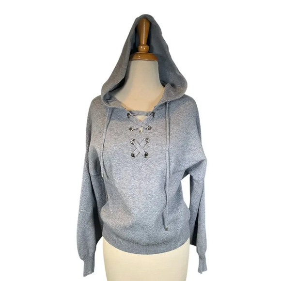 Philosophy Gray Sweater Knit Hoodie Balloon Sleeve Lace Up Neckline Size Small - Picture 5 of 12